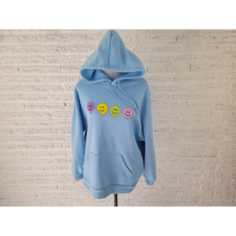 Shein Womens L Blue Melting Smiley Face Graphic Hoodie Sweatshirt High Neck Top